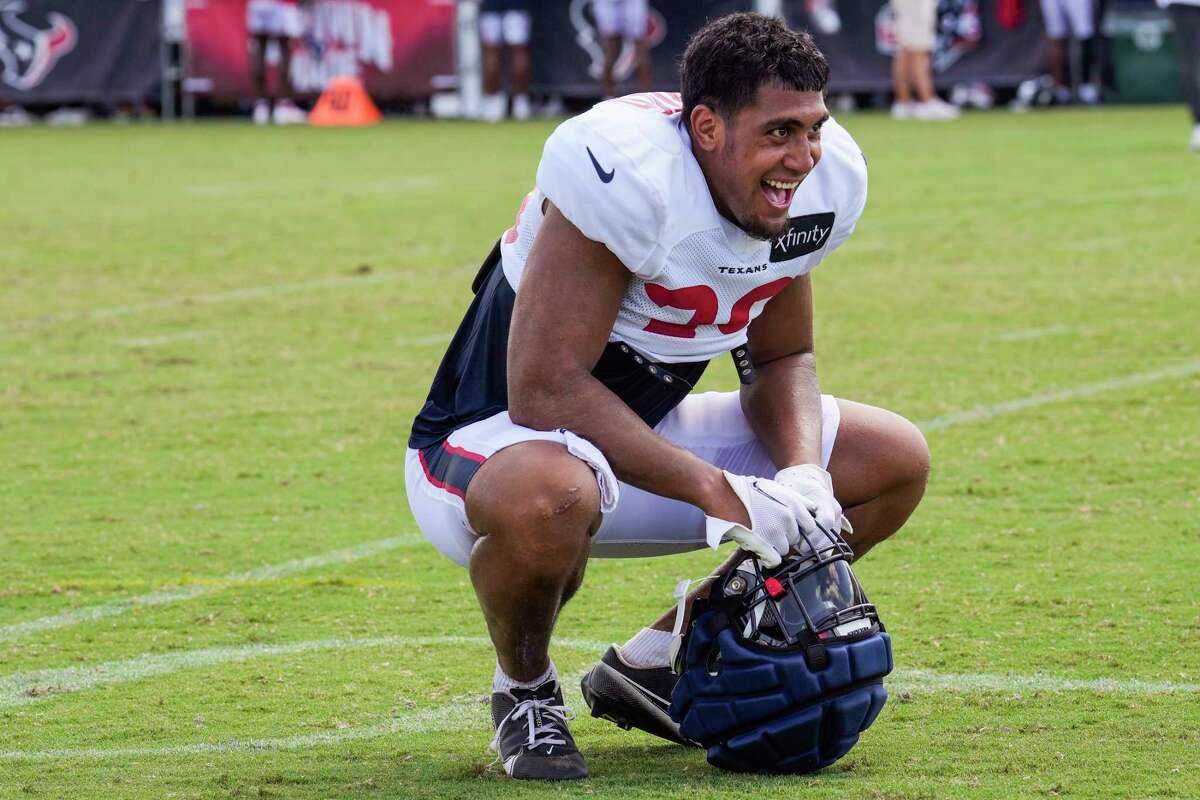 Houston Texans linebacker Henry To'oTo'o takes a break on the field at the end of practice during an NFL training camp Tuesday, Aug. 8, 2023, in Houston.