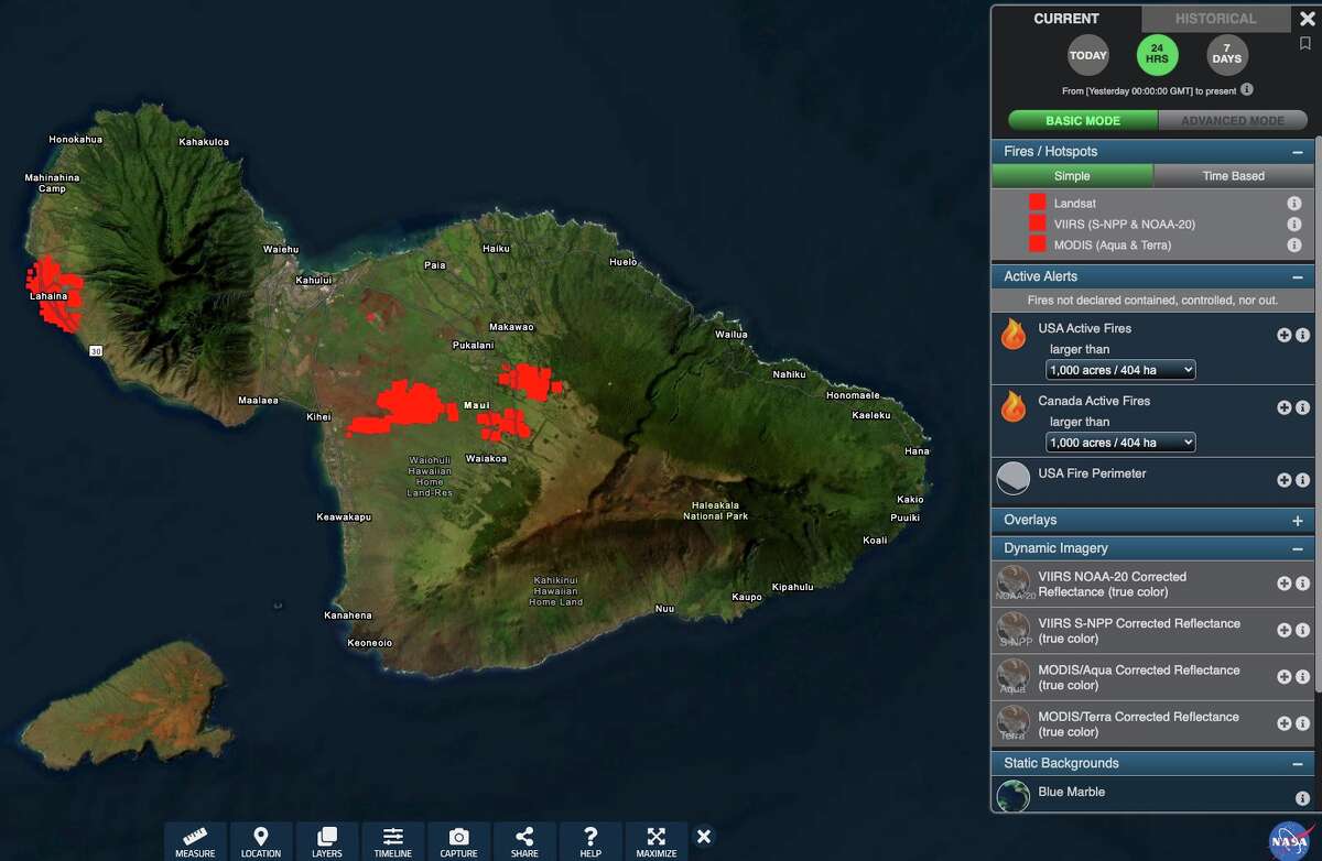 NASA's FIRMS/US Canada map on Wednesday shows wildfires burning on the Hawaiian island of Maui during the past 24 hours.