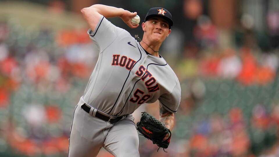 Houston Astros starting pitcher Hunter Brown throws to the Baltimore Orioles in the second inning of a baseball game, Thursday, Aug. 10, 2023, in Baltimore. (AP Photo/Julio Cortez)