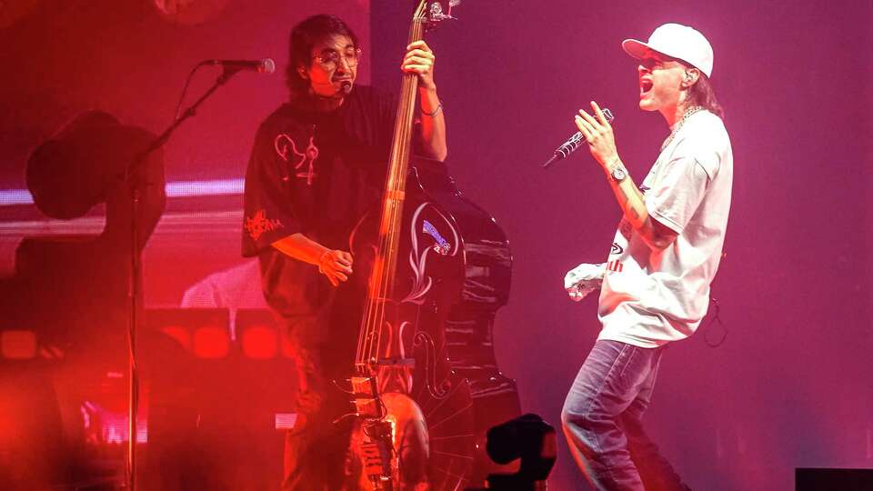 Peso Pluma performs in concert at Smart Financial Centre on Thursday, Aug. 10, 2023 in Sugar Land.