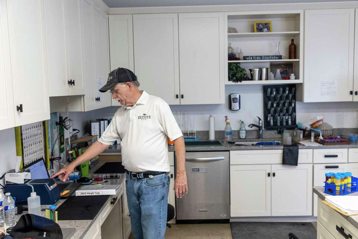 Dr. Bob Young, co-owner and winemaker at the Bending Branch Winery in Comfort, describes the process for lab testing wines.
