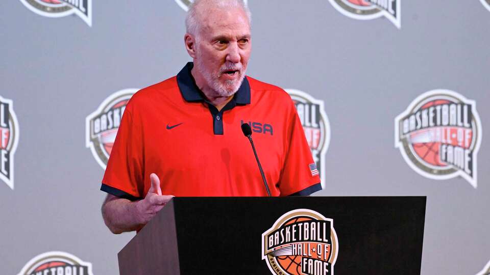 Basketball Hall of Fame Class of 2023 inductee Gregg Popovich speaks at a news conference at Mohegan Sun, Friday, Aug. 11, 2023, in Uncasville, Conn. (AP Photo/Jessica Hill)