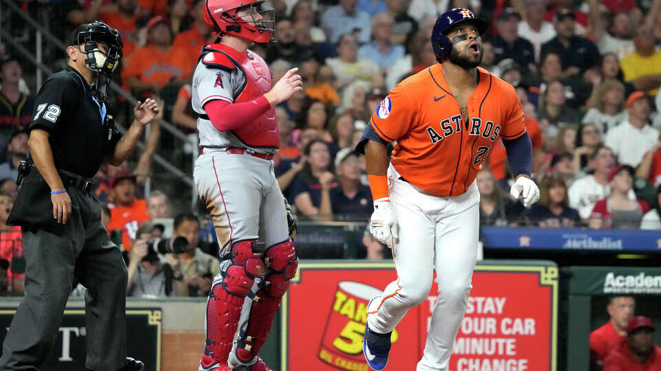 Houston Astros Jon Singleton (28) reacts after hitting his second home run of the night, this one was a two-run homer against Los Angeles Angels starting pitcher Reid Detmers during the third inning of an MLB baseball game at Minute Maid Park on Friday, Aug. 11, 2023 in Houston .