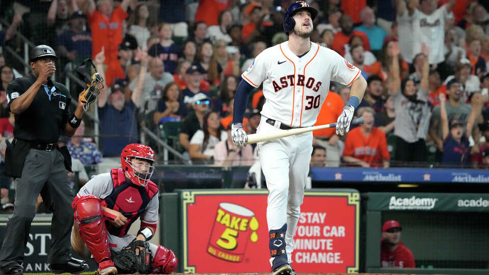 Houston Astros Kyle Tucker (30) reacts after hitting a three-run home run against Los Angeles Angels starting pitcher Tyler Anderson during the fourth inning of an MLB baseball game at Minute Maid Park on Saturday, Aug. 12, 2023 in Houston .