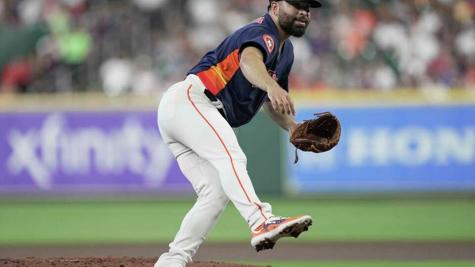 Houston Astros starting pitcher Jose Urquidy (65) releases a pitch against the Los Angeles Angels during the first inning of a Major League Baseball game on Sunday, Aug. 13, 2023, in Houston.
