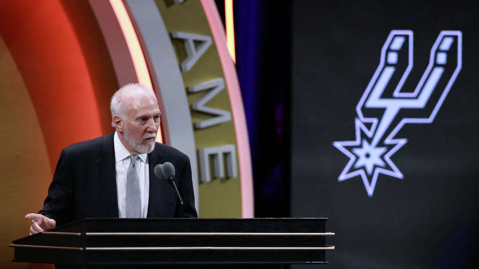 2023 inductee Gregg Popovich speaks during the 2023 Naismith Basketball Hall of Fame Induction at Symphony Hall on August 12, 2023 in Springfield, Massachusetts. (Photo by Mike Lawrie/Getty Images)