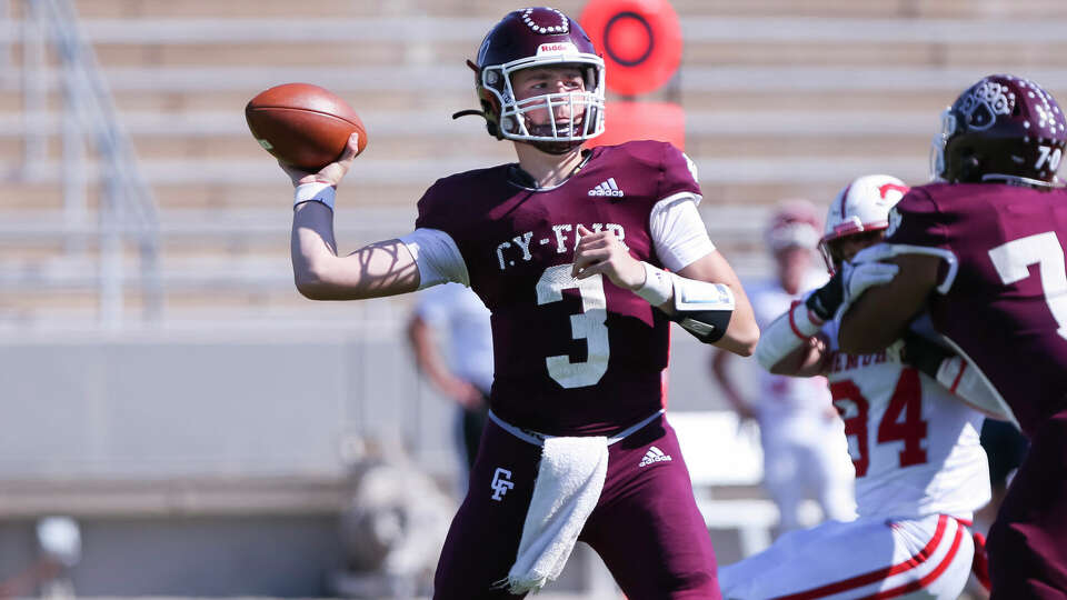 Cy-Fair quarterback Trey Owens (3) passes downfield in the first half of a District 17-6A high school football game between the Memorial Mustangs and the Cy-Fair Bobcats at Pridgeon Stadium in Houston, TX on Saturday, November 5, 2022.