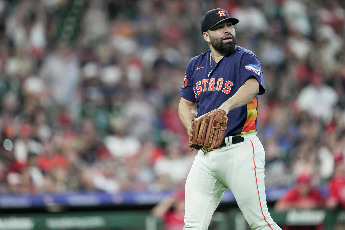 Houston Astros starting pitcher Jose Urquidy (65) walks off the mound after he is lifted from the game against the Los Angeles Angels by manager Dusty Baker Jr. during the sixth inning of a Major League Baseball game on Sunday, Aug. 13, 2023, in Houston.