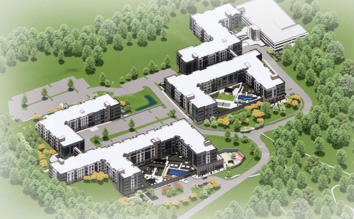 A presentation of the proposed 508-unit apartment complex at 900 Long Ridge Road in Stamford, Connecticut.  Monday Properties, a real estate investment firm, is looking to redevelop the office complex where BlueTriton Brands is currently headquartered.