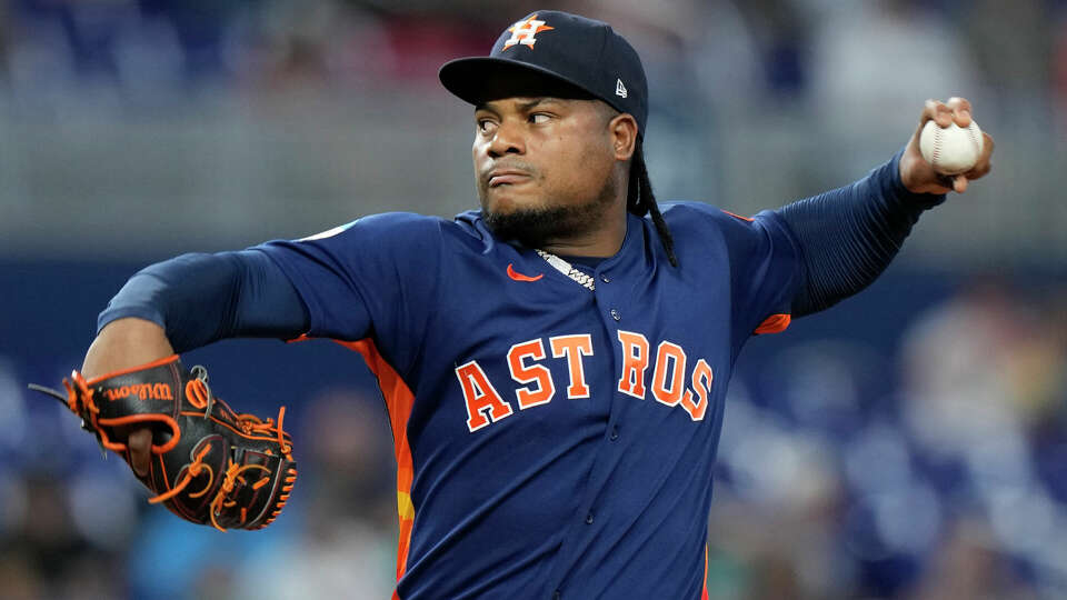 Houston Astros' Framber Valdez delivers a pitch during the first inning of a baseball game against the Miami Marlins, Monday, Aug. 14, 2023, in Miami. (AP Photo/Wilfredo Lee)