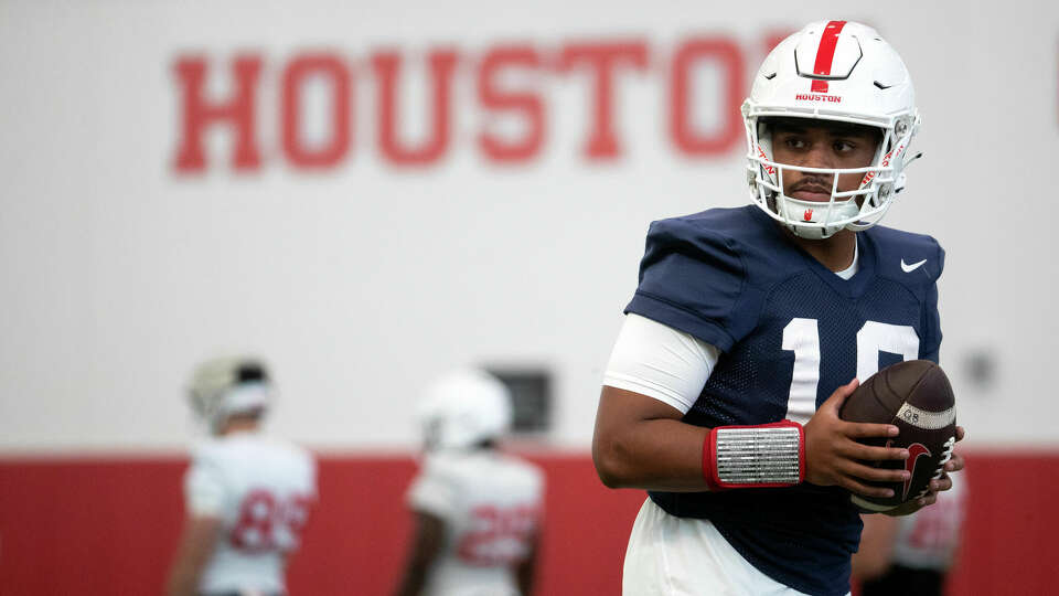 Houston quarterback Ui Ale is seen during the first day of football practice at the University of Houston, Wednesday, Aug. 2, 2023, in Houston.