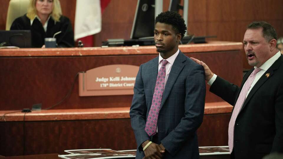 Antonio Armstrong, Jr., stands in front of the jury during closing arguments of his third capital murder trial in the 178th District Court on Tuesday, Aug. 15, 2023, at the Harris County Criminal Courthouse in Houston.