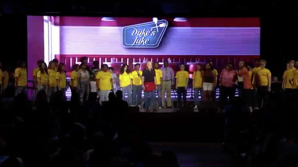 Screenshots from a musical starring new superintendent Mike Miles performed during the livestream of the HISD Convocation at NRG Center on Aug. 16, 2023, in Houston. The district used students and teachers from around the district fine arts programs to perform in the musical.