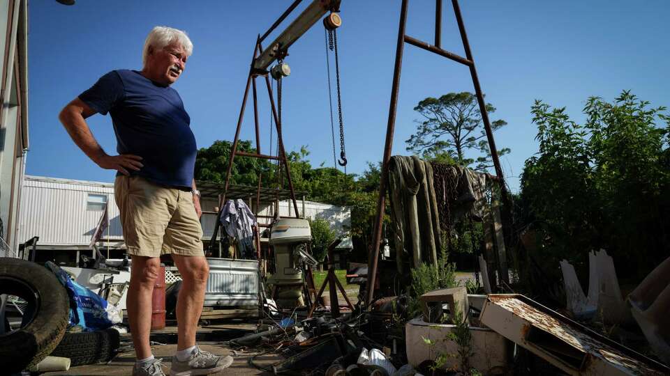 Greg Moss talks about toxins leftover from floods and the close proximity to the San Jacinto Waste Pits Superfund site Wednesday, Aug. 2, 2023, at his home in Channelview.