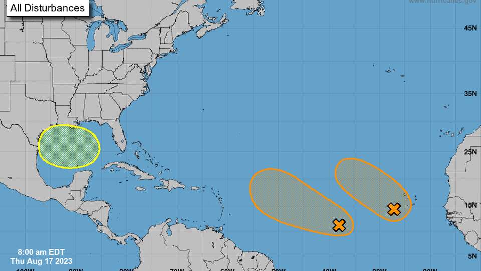 The 8 a.m. update Thursday from the National Hurricane Center shows three areas of interest. The circled area in the western Gulf of Mexico has a 20 percent chance of seeing tropical development in the next seven days.