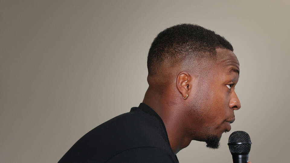 Cyrus Gray speaks during a gathering by Mano Amiga in San Marcos on Tuesday, Aug. 1, 2023. He was arrested on suspicion of murder in 2018. Detained between March 2018 to July 2022, his case was just recently dismissed. He now celebrates his freedom and advocates for Devonte Amerson, who was arrested with Gray and is still at the Hays County Jail.