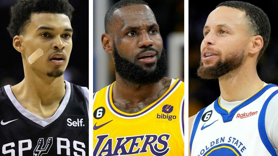 The Spurs' Victor Wembanyama (left), Lakers' LeBron James (center) and Warriors' Steph Curry (right) are three of the most anticipated visits by opposing players on the Rockets' 2023-24 schedule, which was released Thursday, Aug. 17, 2023.