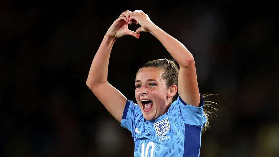 SYDNEY, AUSTRALIA - AUGUST 16: Ella Toone of England celebrates after scoring her team's first goal during the FIFA Women's World Cup Australia & New Zealand 2023 Semi Final match between Australia and England at Stadium Australia on August 16, 2023 in Sydney, Australia.