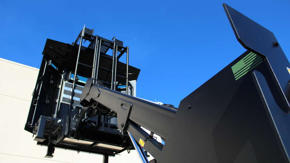 According to its website, The Rook is an anti-terror, armored vehicle that is used by SWAT teams across the country.  It resembles a mini tractor or bulldozer. Pictured is The Rook with its Armored Deployment Platform. In Thursday's stand-ff in Houston, law enforcement used the attachable hydraulic breaching ram.