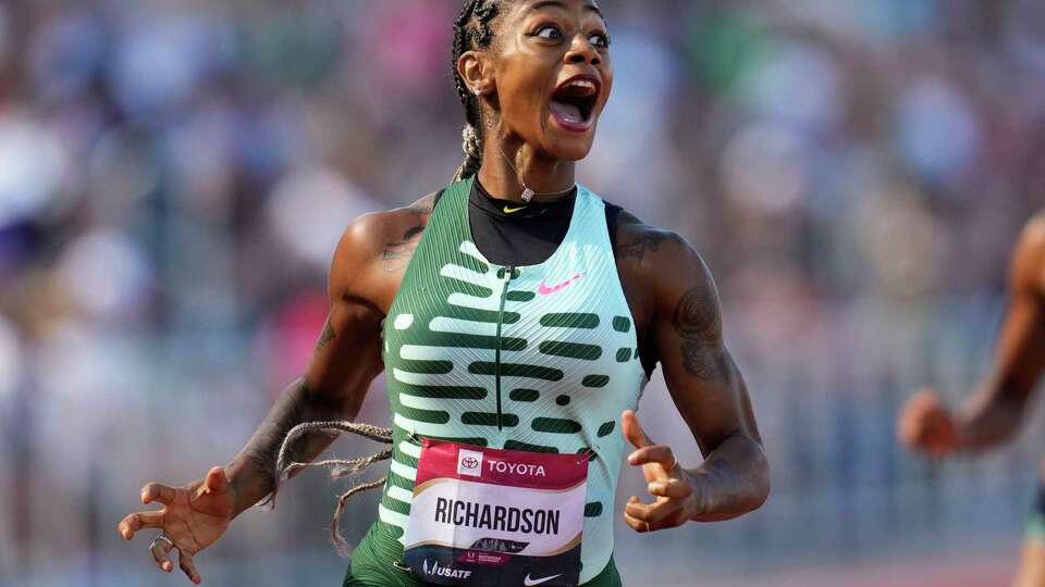 FILE - Sha'Carri Richardson reacts as she wins her heat in the first round of the women's 200 meters during the U.S. track and field championships in Eugene, Ore., Saturday, July 8, 2023. (AP Photo/Ashley Landis, File)