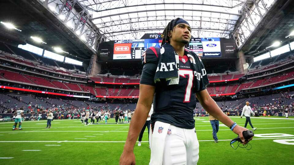 Houston Texans quarterback C.J. Stroud (7) walks off the field after an NFL preseason football game against the Miami Dolphins Saturday, Aug. 19, 2023, in Houston.