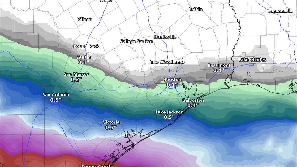 Rainfall totals through Wednesday will likely remain paltry. Areas south of Houston could see more substantial rain totals as a tropical disturbance moves ashore Tuesday.