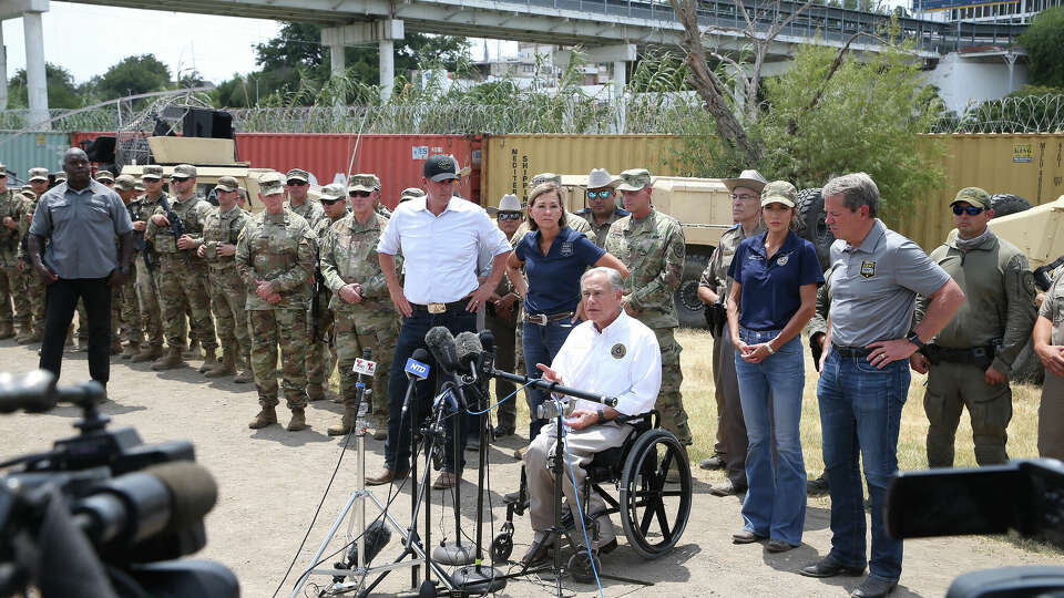 Texas Gov. Greg Abbott speaks during a press conference at Shelby Park in Eagle Pass, Texas, Monday, Aug. 21, 2023. Joining Abbott are from left, Oklahoma Gov. Kevin Stitt, Iowa Gov. Kim Reynolds, South Dakota Gov. Kristi Noem and Nebraska Gov. Jim Pillen.