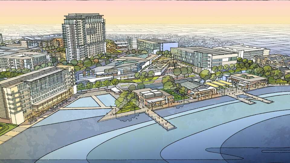 A conceptual rendering of Lake Pointe Plaza, a 53-acre mixed-use project in Sugar Land proposed on the former Fluor office campus. 