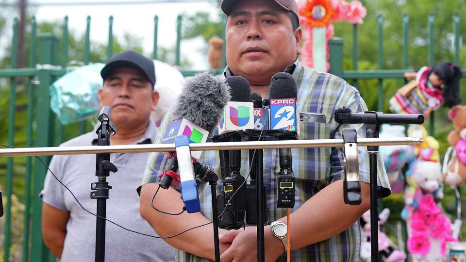 Carmelo Gonzalez addresses the media on Monday, Aug. 21, 2023 in Pasadena. Gonzalez's 11-year-old daughter, Maria was murdered in their apartment last week. Juan Carlos Garcia-Rodriguez was arrested in Louisiana and charged with capital murder.