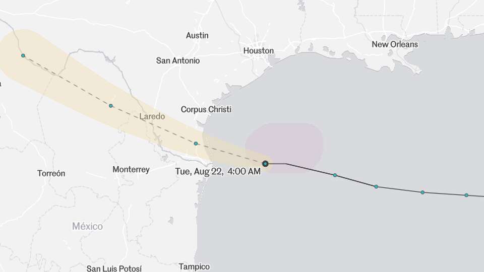 The path of Tropical Storm Harold, as of the morning of August 22, 2023