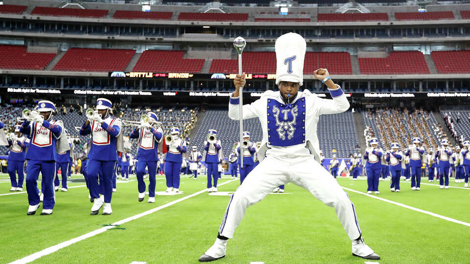 A drum major with the Tennessee State University's Aristocrat of Bands perform during the National Battle of the Bands at NRG Stadium, Sunday, August 29, 2021, in Houston. The event was created to be the nation's best kick-off to the fall marching band season by showcasing new performances of the country's top marching bands.