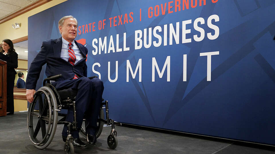 Texas Gov. Greg Abbott leaves the stage after speaking during the Governor's Small Business Summit luncheon Thursday, Aug. 10, 2023, in McAllen, Texas. (Joel Martinez/The Monitor via AP)