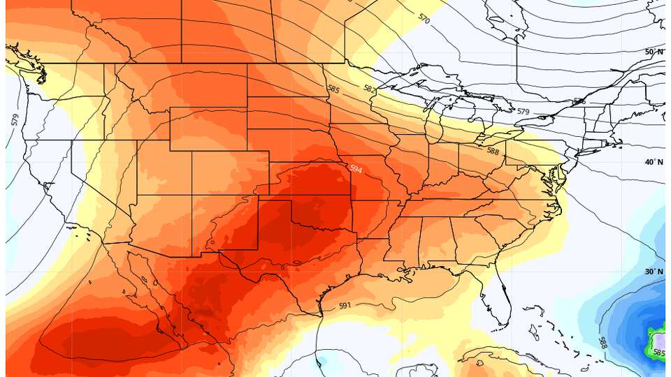 This map clearly shows where the heat dome is located over Texas late this week. Global forecast models suggest that by early next week, the center of the heat dome could shift slightly to the west. 