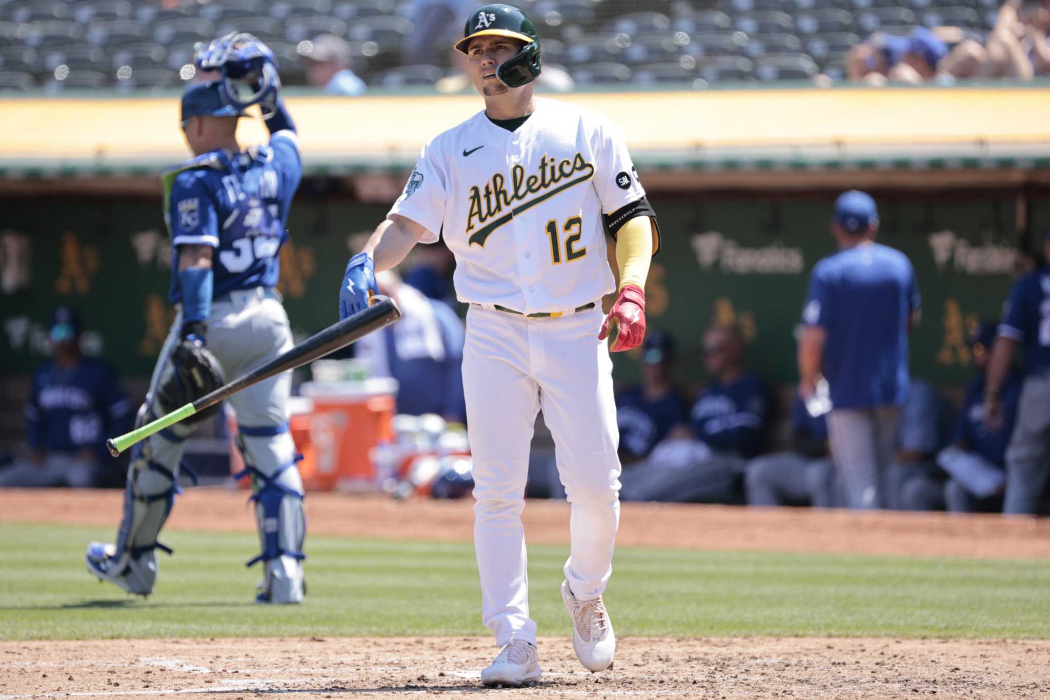 Kansas City Royals' Matt Beaty runs to first base after hitting a