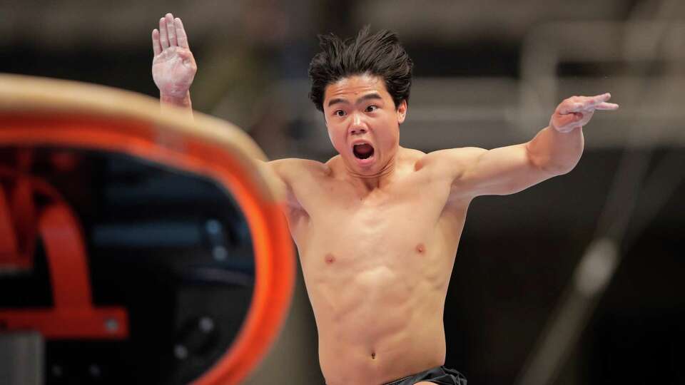 Asher Hong of Stanford runs toward the vault during a podium training day for the 2023 U.S. Gymnastics Championships at SAP Center in San Jose, Calif., on Tuesday, August 22, 2023.