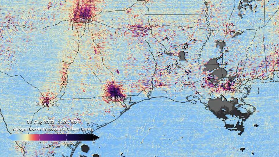 This NASA-provided image shows nitrogen dioxide over the Houston, Dallas and New Orleans metro areas at 4:24pm on Aug. 2, 2023.