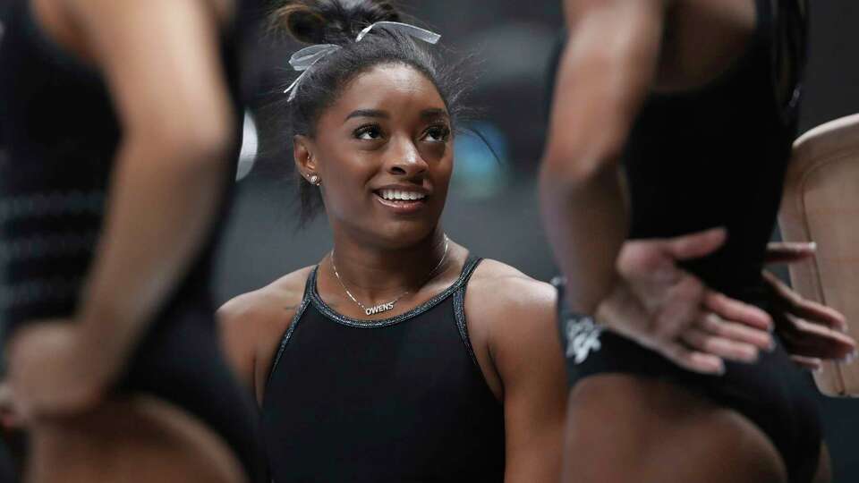 Simone Biles reacts during 2023 Xfinity U.S. Gymnastics Championships' training at SAP Center in San Jose, Calif., on Wednesday, Aug. 23, 2023.(Scott Strazzante/San Francisco Chronicle via AP)