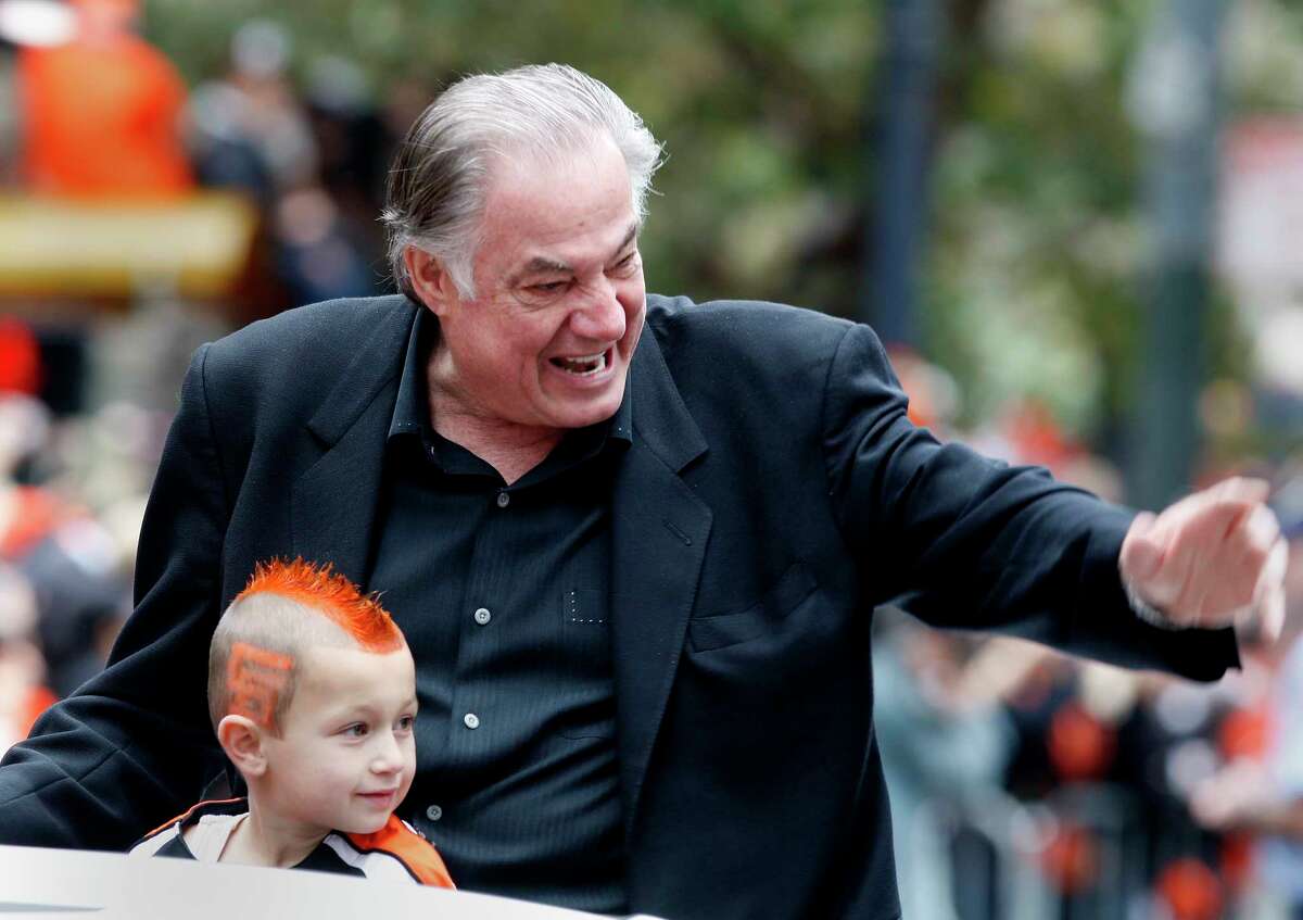 Former San Francisco Giants player Brian Wilson during a ceremony for  longtime Giants clubhouse manager Mike Murph Murphy being inducted into  the team's Wall of Fame before a baseball game between the