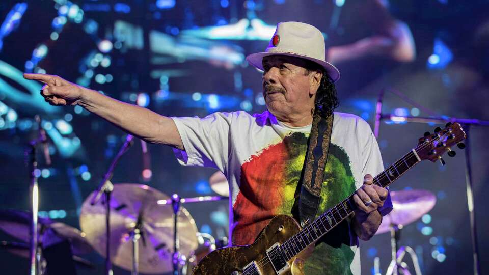 Guitarist Carlos Santana of Santana performs on stage at North Island Credit Union Amphitheatre on June 17, 2022 in Chula Vista, Calif.