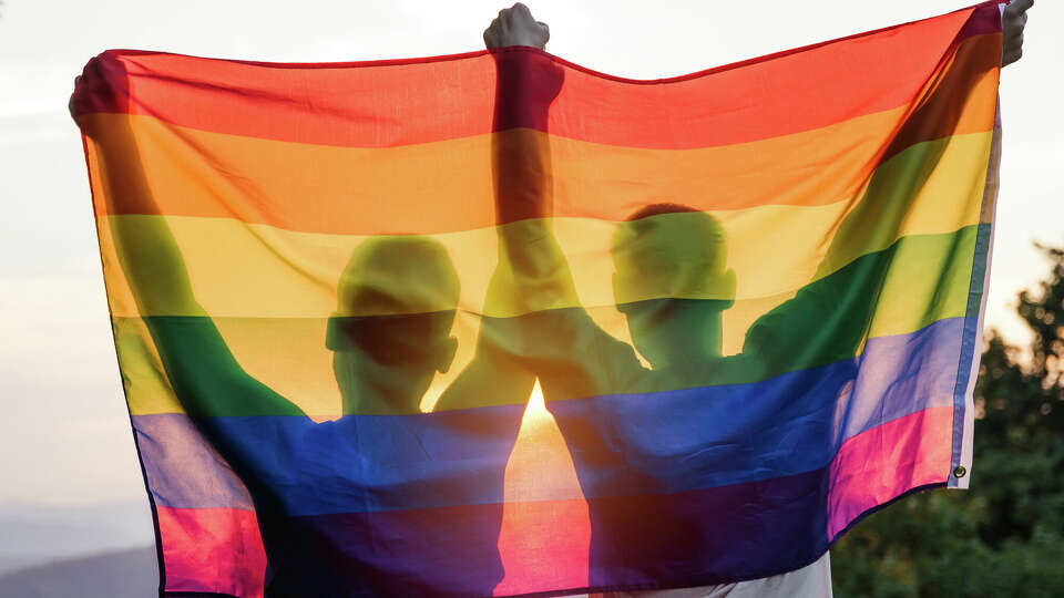 Gay couple holding rainbow flag