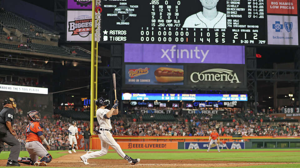 Parker Meadows #22 of the Detroit Tigers hits a walk off three run home run to beat the Houston Astros 4-1 at Comerica Park on August 25, 2023 in Detroit, Michigan. (Photo by Gregory Shamus/Getty Images)