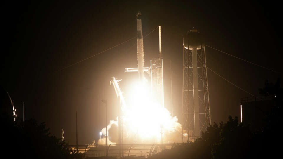 In this handout image provided by NASA, a SpaceX Falcon 9 rocket carrying the company's Dragon spacecraft is launched on NASA's SpaceX Crew-7 mission to the International Space Station with NASA astronaut Jasmin Moghbeli, European Space Agency astronaut Andreas Mogensen, Japan Aerospace Exploration Agency JAXA astronaut Satoshi Furukawa, and Roscosmos cosmonaut Konstantin Borisov onboard, Saturday, Aug. 26, 2023, at NASA's Kennedy Space Center in Florida. (Photo by Joel Kowsky/NASA via Getty Images)