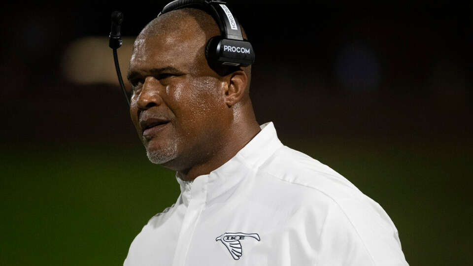 Aldine Eisenhower head coach Odell James is seen during the first half of a non-district high school football game at Rhodes Stadium, Thursday, Aug. 24, 2023, in Katy.