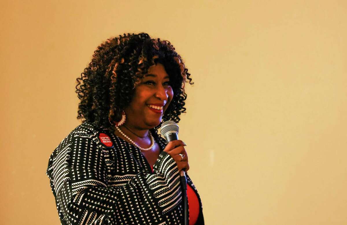 Alameda County District Attorney Pamela Price speaks at a town hall meeting in August at Cornerstone Missionary Baptist Church in Oakland. Price has faced criticism from her opponents since her surprise election on a progressive and reformist platform in November, and now faces an attempt to recall her from office, similar to the effort that recalled former progressive San Francisco District Attorney Chesa Boudin in 2022.