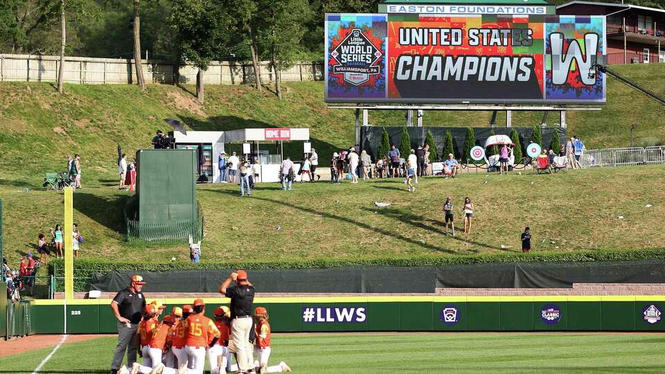 SOUTH WILLIAMSPORT, PENNSYLVANIA - AUGUST 26: The Southwest Region team from Needville, Texas huddles after playing against the West Region team from El Segundo, California during the Little League World Series United States Championship at Little League International Complex on August 26, 2023 in South Williamsport, Pennsylvania.