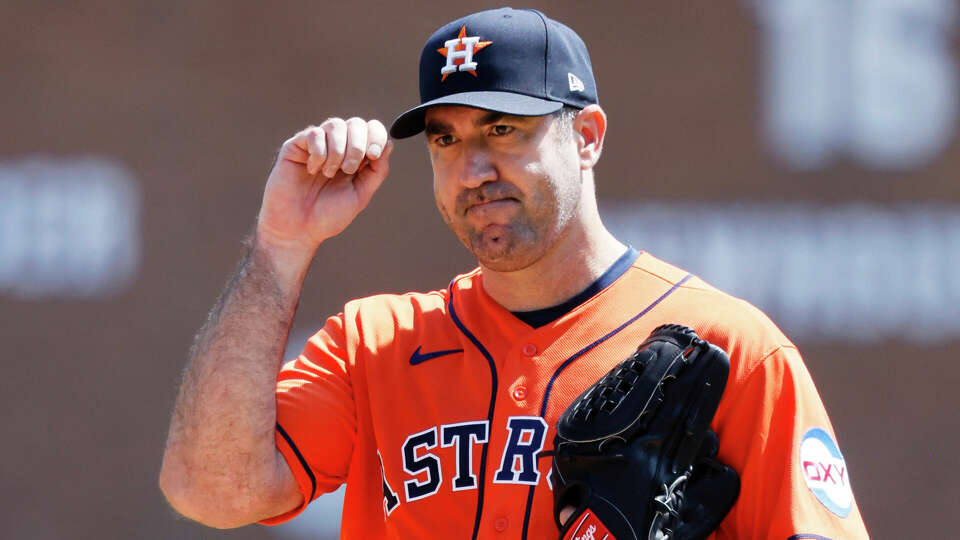 Pitcher Justin Verlander #35 of the Houston Astros acknowledges Miguel Cabrera of the Detroit Tigers during his at-bat in the second inning at Comerica Park on August 27, 2023 in Detroit, Michigan. (Photo by Duane Burleson/Getty Images)