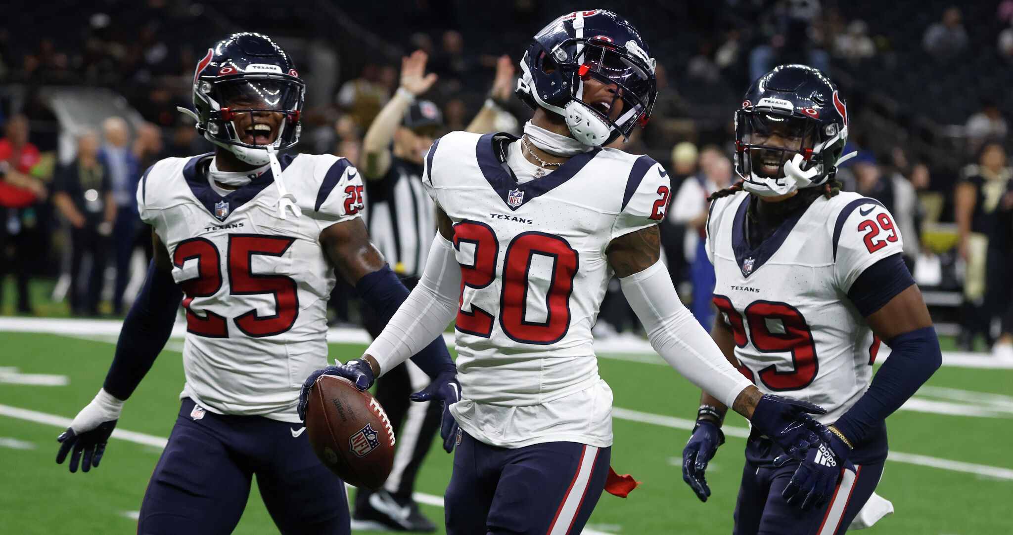 New Orleans, USA. 27th Aug, 2023. Houston Texans quarterback C.J. Stroud  (7) sets up behind center Jarrett Patterson (68) during a National Football  League preseason game at the Caesars Superdome in New