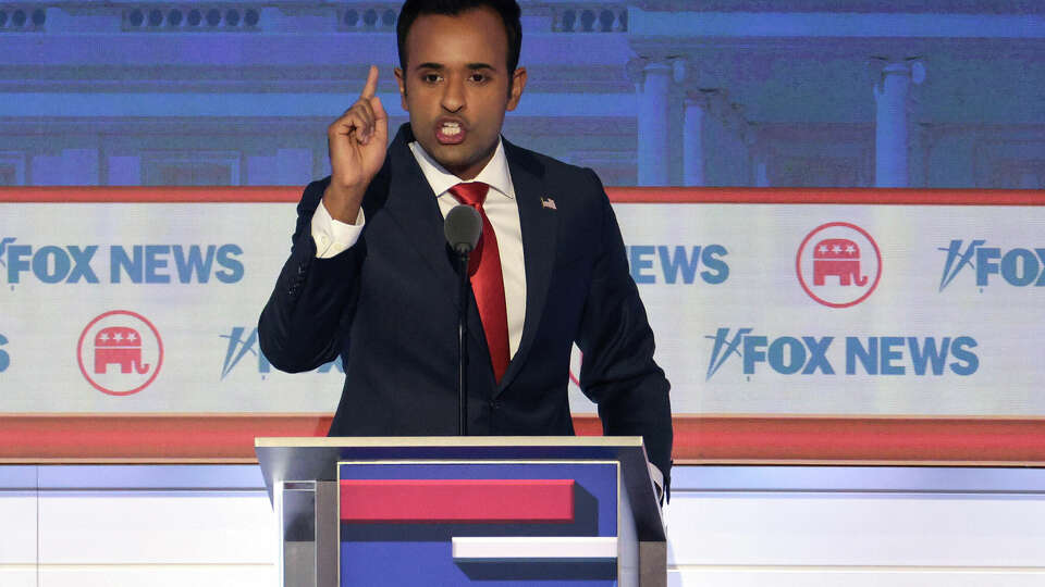 Republican presidential candidate Vivek Ramaswamy speaks during the first debate of the GOP primary season, hosted by FOX News, at the Fiserv Forum on Wednesday, Aug. 23, 2023, in Milwaukee. (Win McNamee/Getty Images/TNS)