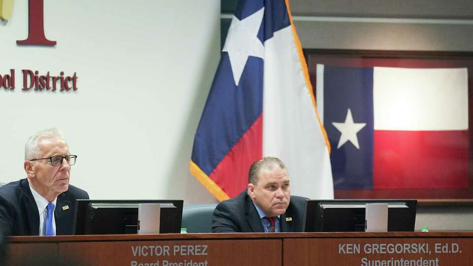 Katy ISD Board of Trustees President Victor Perez, left, and superintendent Ken Gregorski listen to comments during a board of trustees meeting on Monday, Aug. 28, 2023 in Katy. The Katy ISD board of trustees took public comments on how to address gender fluidity among students. Katy ISD school board meeting on Monday, Aug. 28, 2023 in Katy. The Katy ISD board of trustees took public comments on how to address gender fluidity among students.