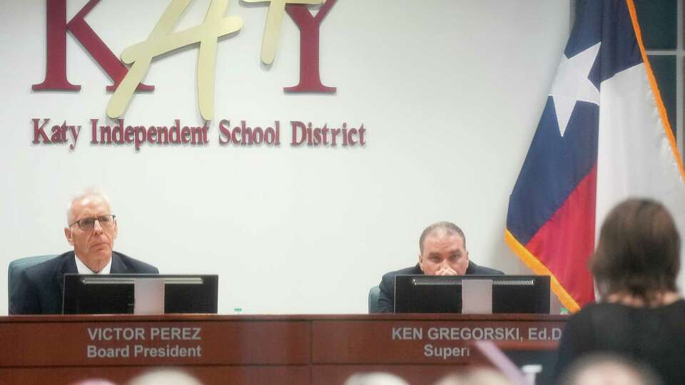 Katy ISD Board of Trustees President Victor Perez and Superintendent Ken Gregorski listen to comments during a board of trustees meeting on Monday, Aug. 28, 2023 in Katy. The Katy ISD board of trustees took public comments on how to address gender fluidity among students.